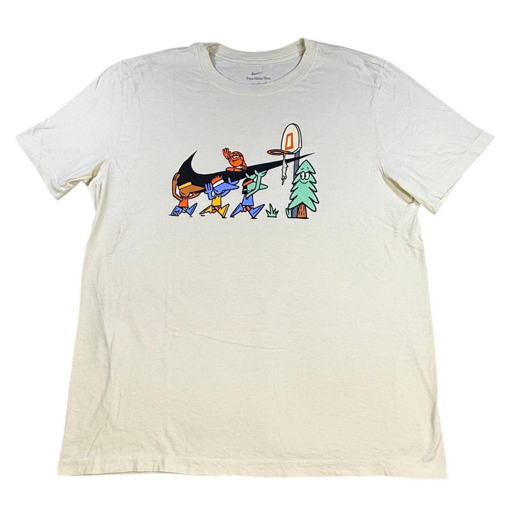 Nike Mens T-Shirt Cartoon Graphic Swoosh Basketball Large Cream Cotton Blend